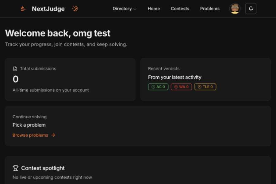 The NextJudge participant dashboard showing submission statistics, a continue-solving prompt, and a contest spotlight.