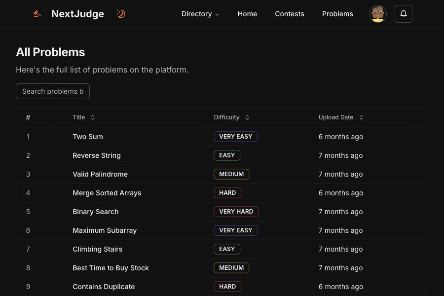 The NextJudge problem catalog with search, sortable columns, and difficulty labels.