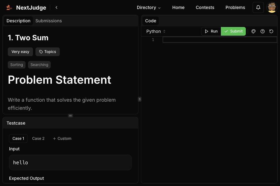 The NextJudge split-screen solver with a problem statement and test cases on the left and the code editor on the right.